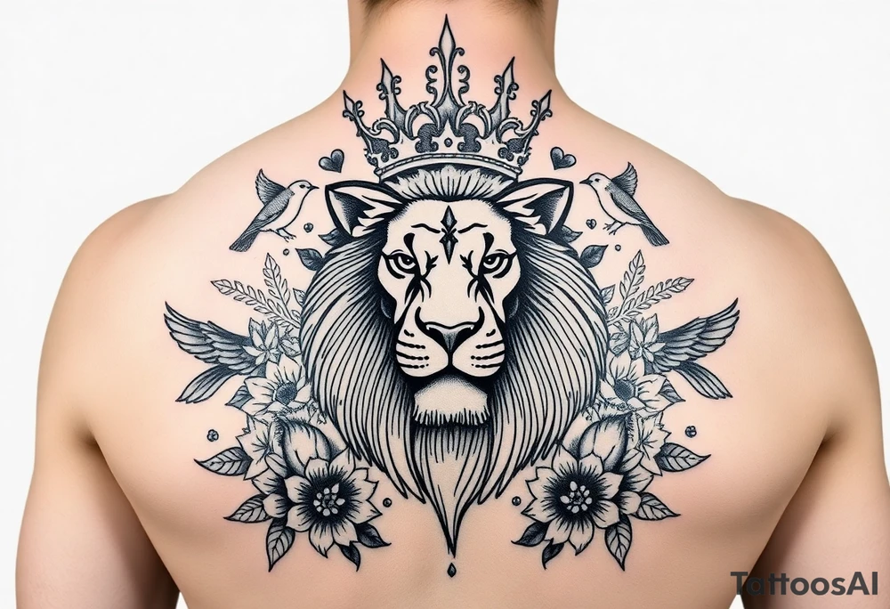 powerful majestic lion with a crown, surrounded by floral ornaments and birds tattoo idea