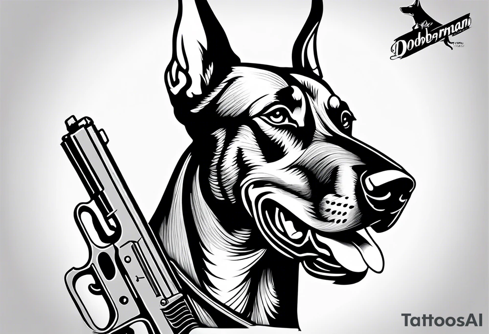 Doberman holding a gun tattoo idea
