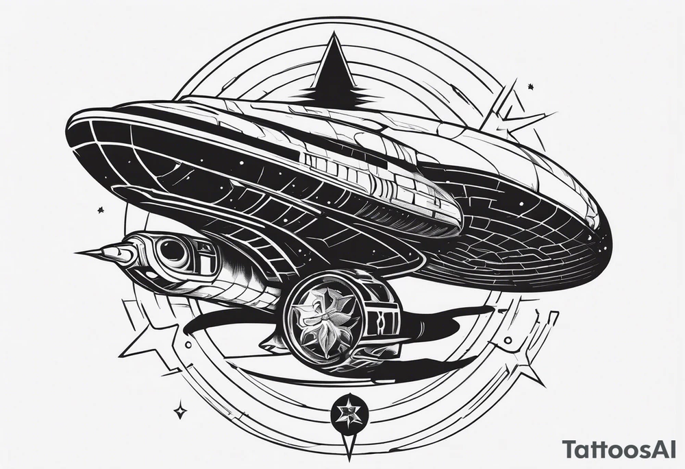 Powerful snake with an engine, also the dseign must be vertical. Also, the desing must be minimalistic not saturated. Remember the vertical proportion of the design. Within the design appears a spaceship with stars and bullets tattoo idea
