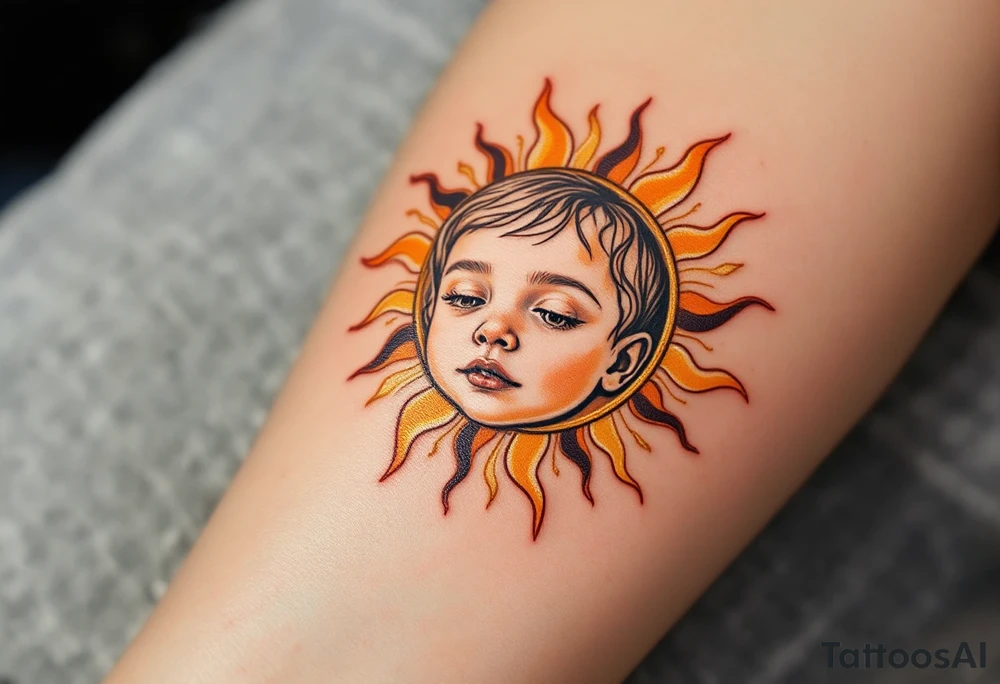 A stylized sun with the son’s toddler face subtly etched in gold and burnt orange rays. tattoo idea
