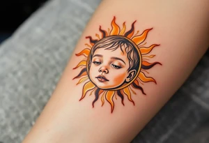 A stylized sun with the son’s toddler face subtly etched in gold and burnt orange rays. tattoo idea