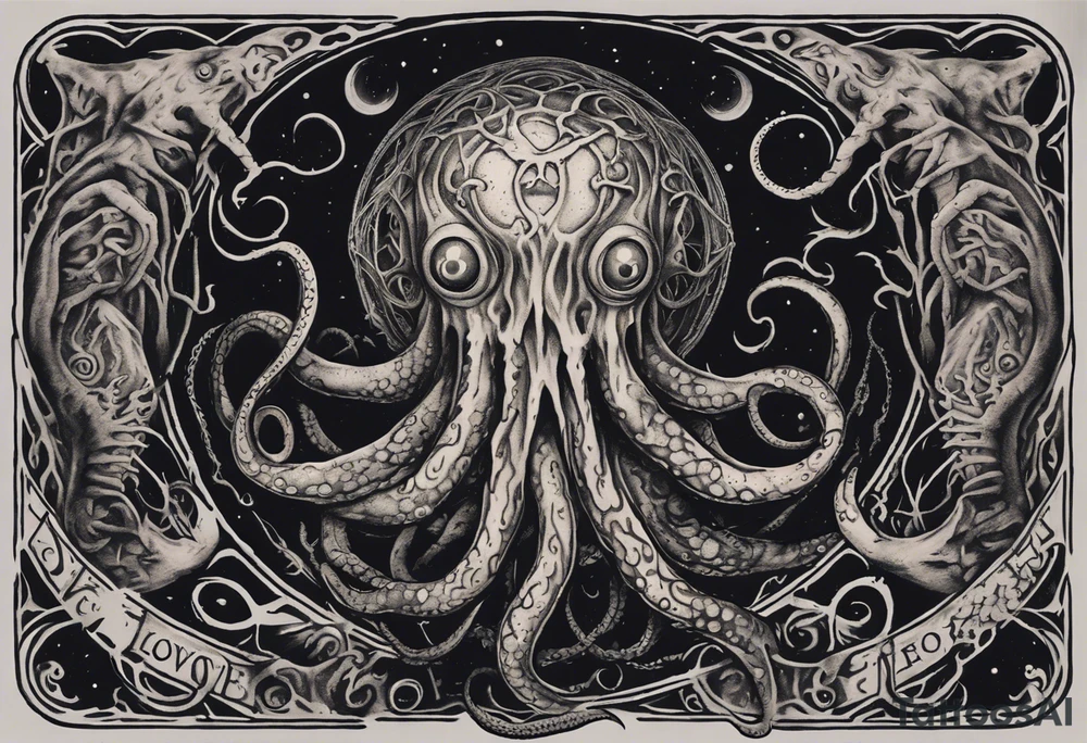 The tattoo features a cosmic and mysterious scene inspired by Lovecraft's works. At the center of the forearm, envision a detailed Lovecraftian creature surrounded by an eerie atmosphere. Tentacles extend down, wrapping around the wrist and ascending along the hand. Dark shading adds depth, and iconic Lovecraftian symbols or runes could intertwine with the creature. Consult with a professional tattoo artist to tailor the design to your preferences and ensure it fits well on your forearm and hand. tattoo idea