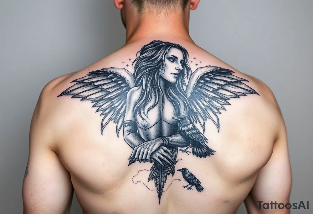 Left sleeve tattoo of the Morrigan Celtic  goddess of death. Powerful middle age woman of great wisdom and knowledge. Realistic and black and white imagery with potentially a splash of purple: images of crows can be built into it. tattoo idea