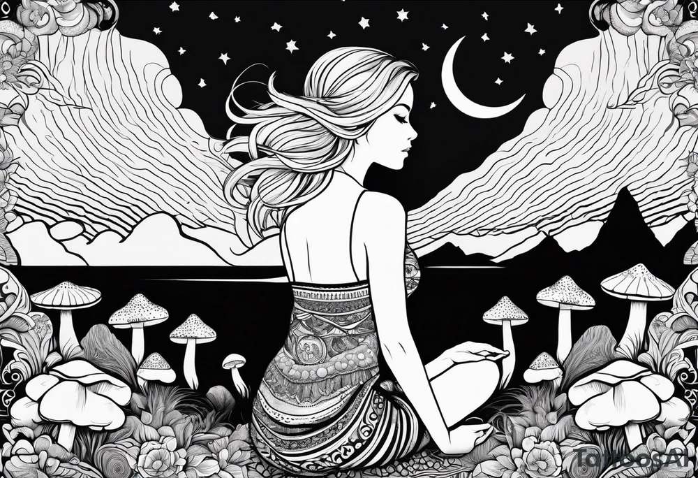 Straight blonde hair girl meditating facing away toward mountains surrounded by mushrooms crescent moon mandala circular design black and white striped dress tattoo idea
