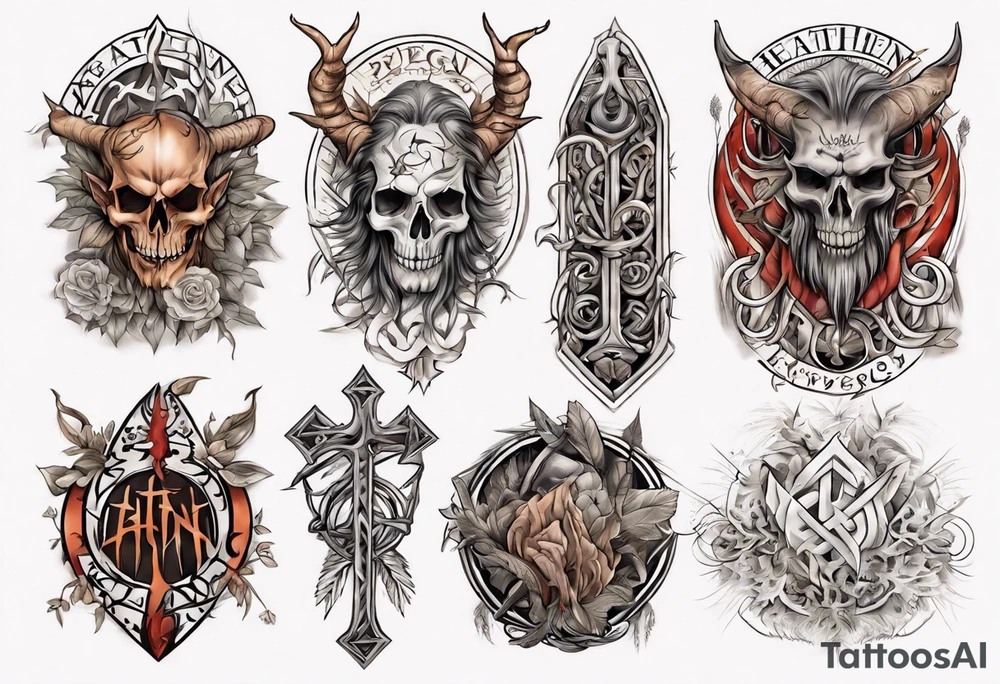 pagan sleeve with heathen writing tattoo idea