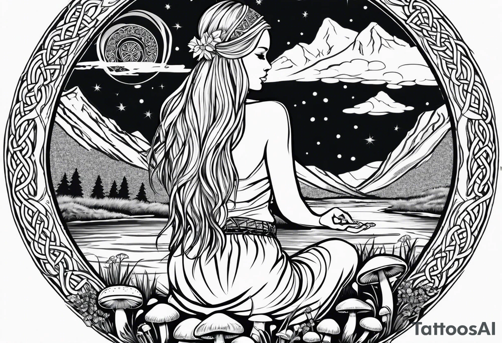 Whole picture encircled fully

Straight long blonde hair hippie girl in distance holding mushrooms in hand facing away toward mountains and creek surrounded by mushrooms long sleeve shirt and hiking pants; whole rendering within a full celtic circle border, no cut off circle tattoo idea