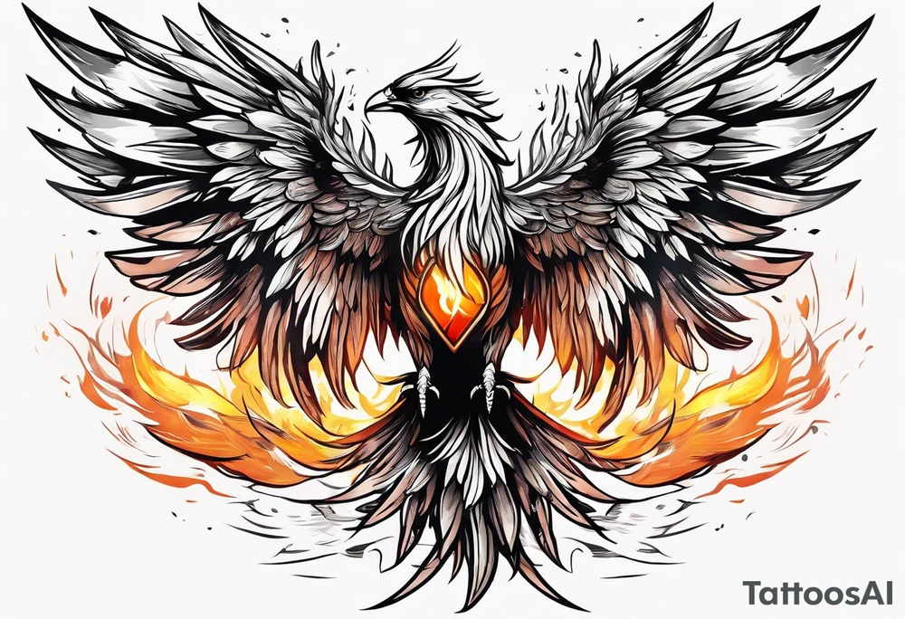 a phoenix rising from the ashes, with an angel opening its wings on the background tattoo idea