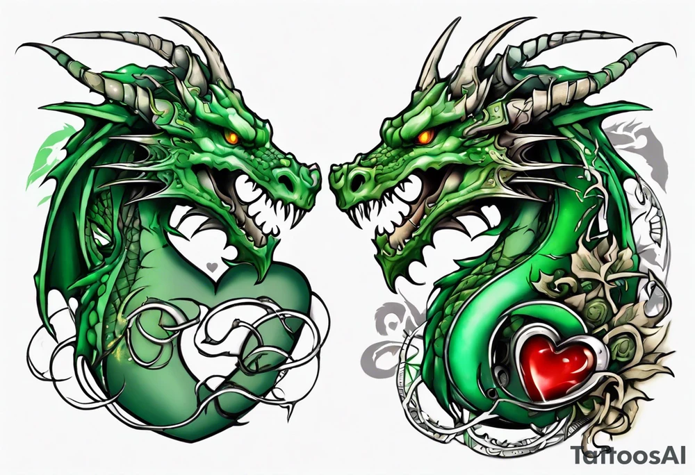 dragon with green-stone heart tattoo idea