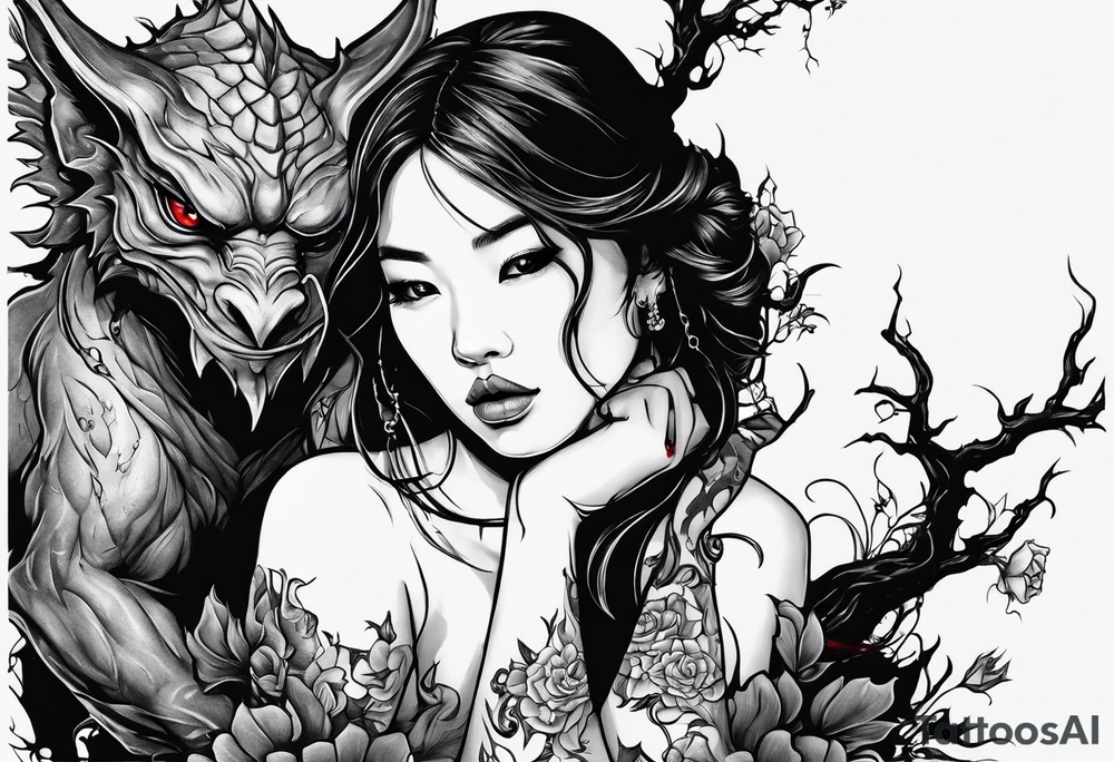 2 dimensional art of a bleeding girl threatened by an asian gargoyle tattoo idea