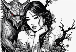 2 dimensional art of a bleeding girl threatened by an asian gargoyle tattoo idea