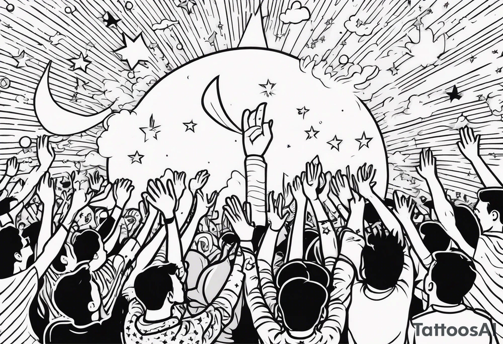 Crowd with hands up popping out of earth in space with throne of God tattoo idea