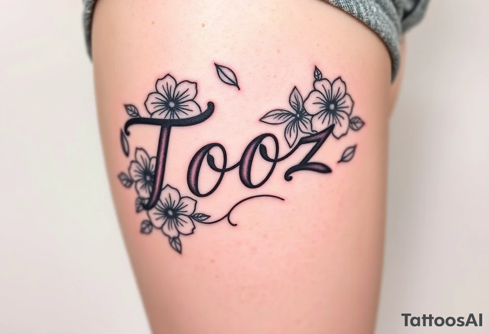 Tooz in cursive surrounded by hibiscus flowers tattoo idea