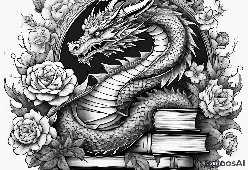 Dragon stack of books flowers tattoo idea