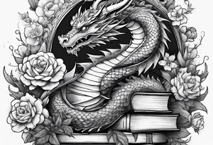 Dragon stack of books flowers tattoo idea