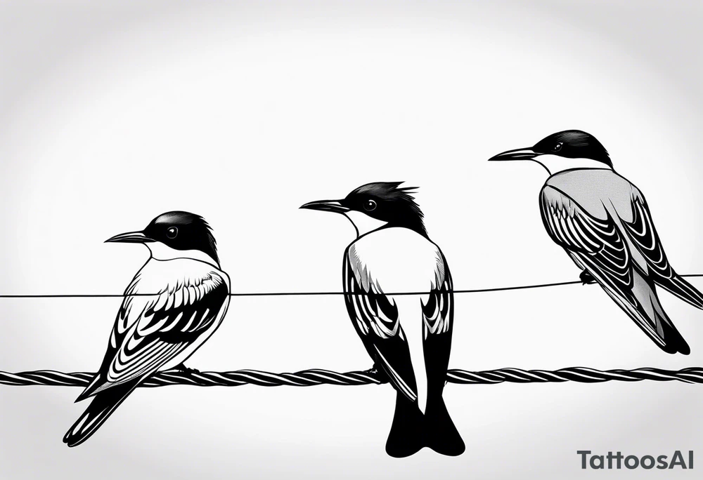 Three Arctic tern Silhouettes on a Power Line. Two are sittint, one is about to fly tattoo idea