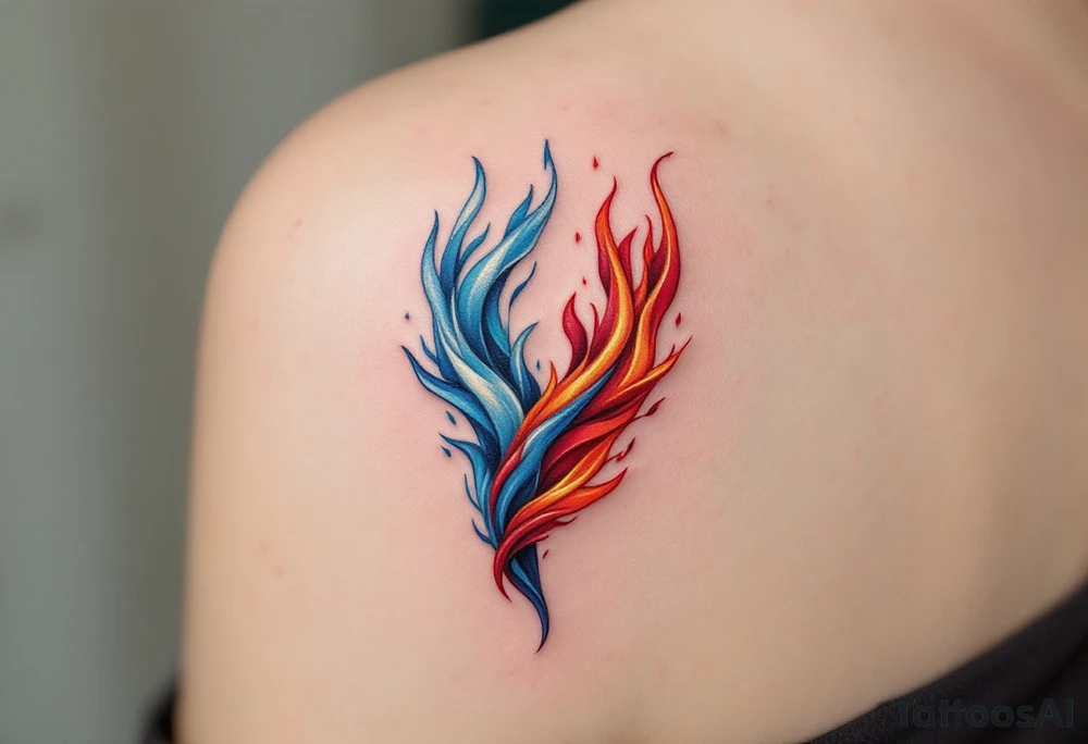 Two flames intertwined—one pure white with hints of sky blue, flickering softly like a candle in the wind, and the other deep crimson, jagged, and violent, consuming everything in its path. The flames twist together but never fully merge. tattoo idea