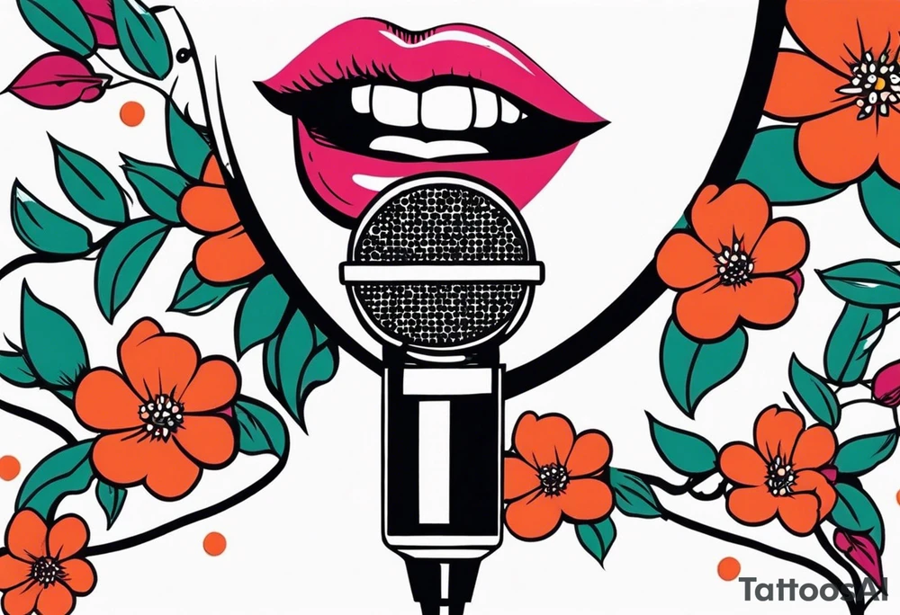 lips singing old school vintage traditional
flowers around and mouth next to microphone
bold and colorful simple design dots and simple flowers sketch tattoo idea