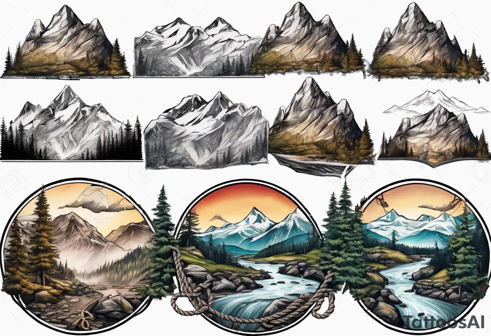 mountain landscape with a rope bridge connecting mountains tattoo idea