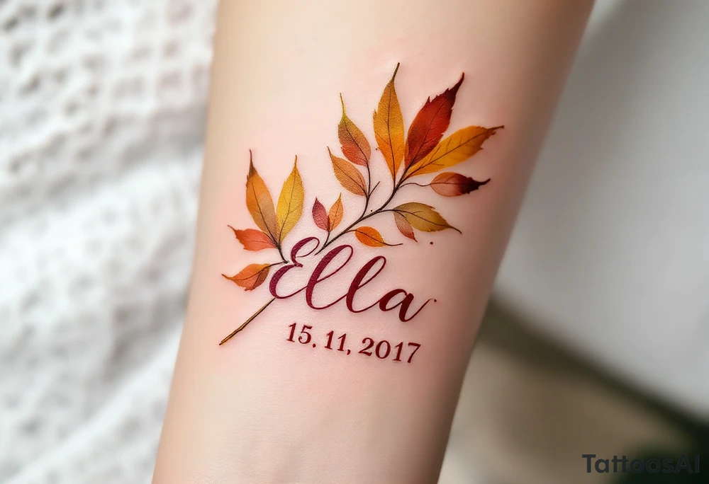 Ella 15. 11. 2017 – Warm gold and burgundy autumn leaves scattered around Ella's birthdate, in an elegant script. tattoo idea