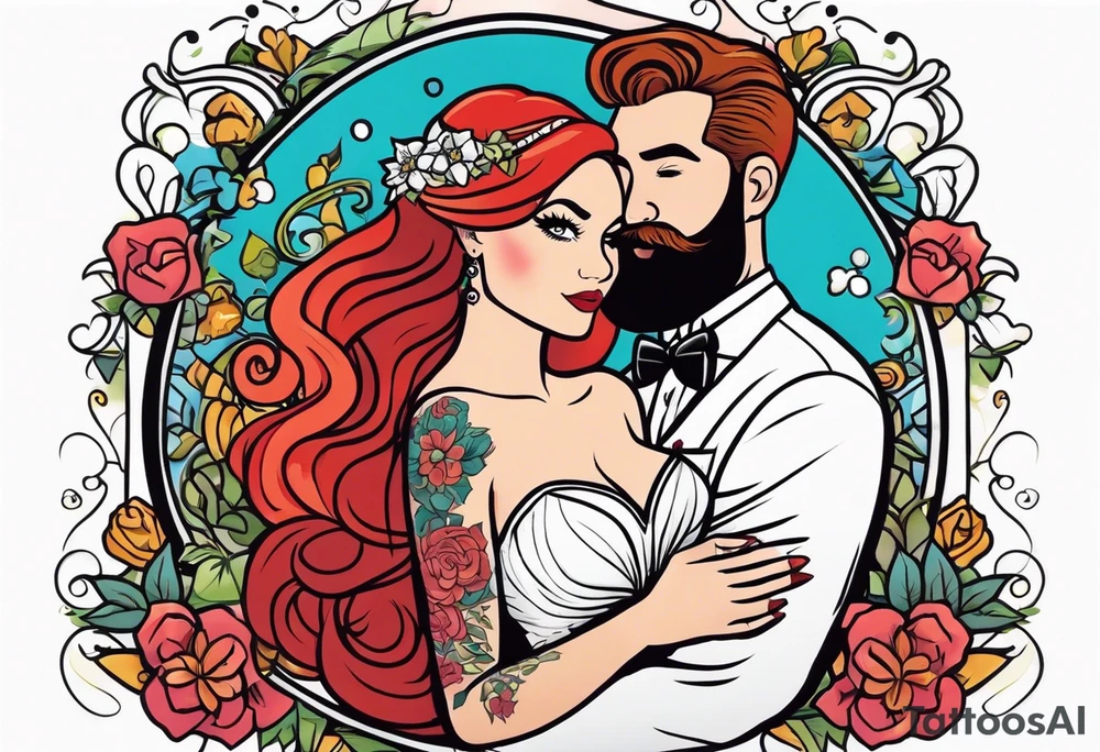 Busty red haired woman with a bearded man who has black hair getting married tattoo idea