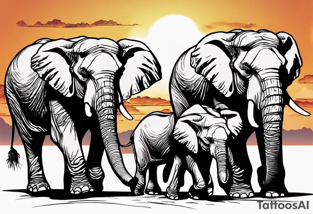 family of 6 elephants walking into sunset after one of them has died tattoo idea