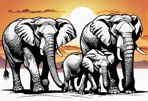 family of 6 elephants walking into sunset after one of them has died tattoo idea