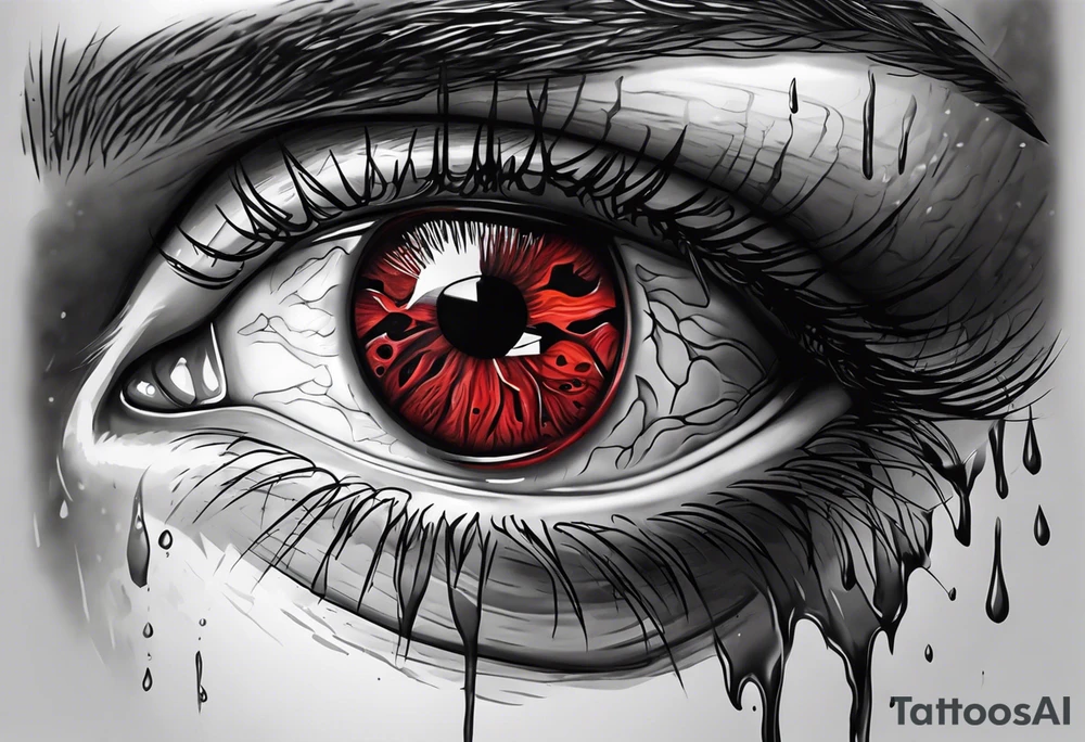 A realistic majestic human eye crying blood with reflection of tragedy and death tattoo idea