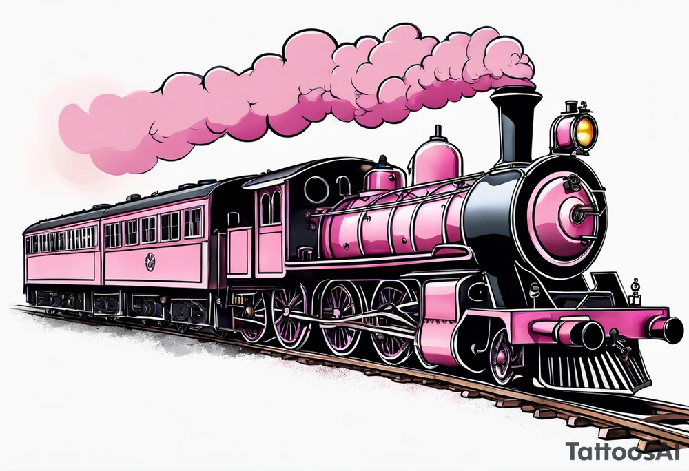 Mountain steam train with pink background tattoo idea