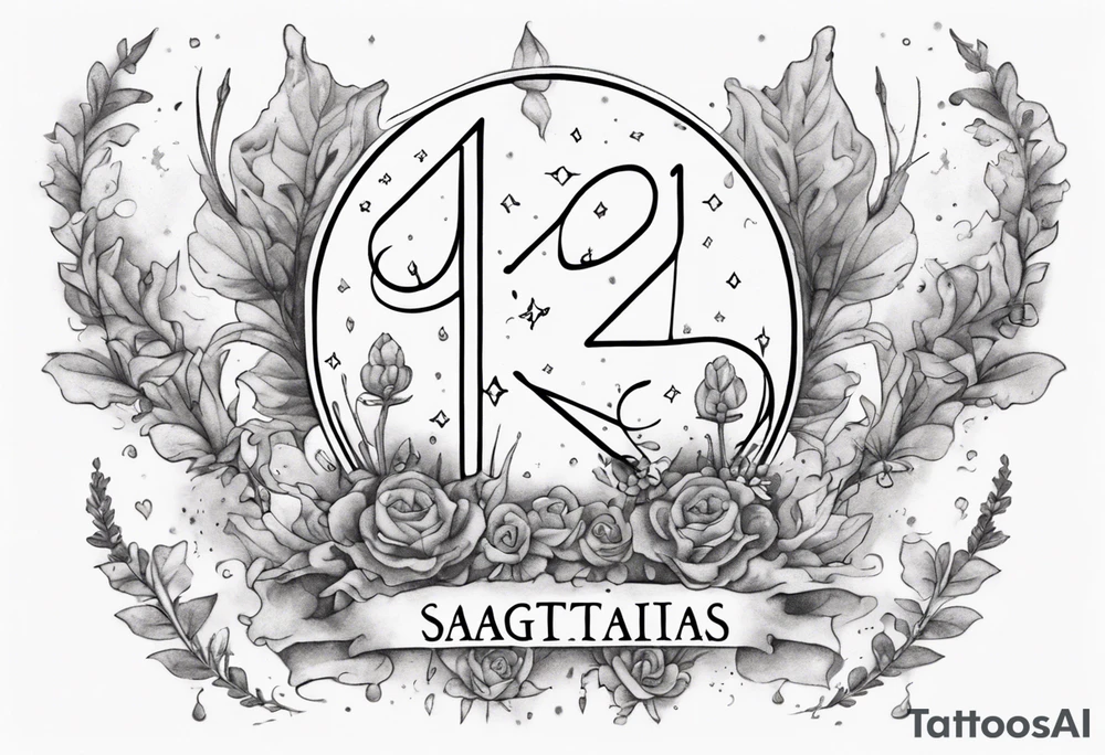 a forearm tattoo with a cloud with little plants around the word sagittarius and underneath it the date 12.08.05 tattoo idea