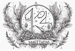 a forearm tattoo with a cloud with little plants around the word sagittarius and underneath it the date 12.08.05 tattoo idea