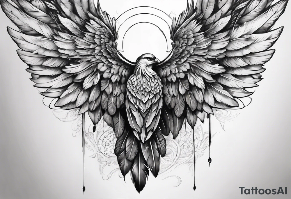 wings extending from a mens shoulders, covering the upper arms and upper back. The feathers are intricately detailed, with soft shading in black and gray to create depth and texture. The wings gently converge in the middle of the back, forming a harmonious and cohesive design. tattoo idea