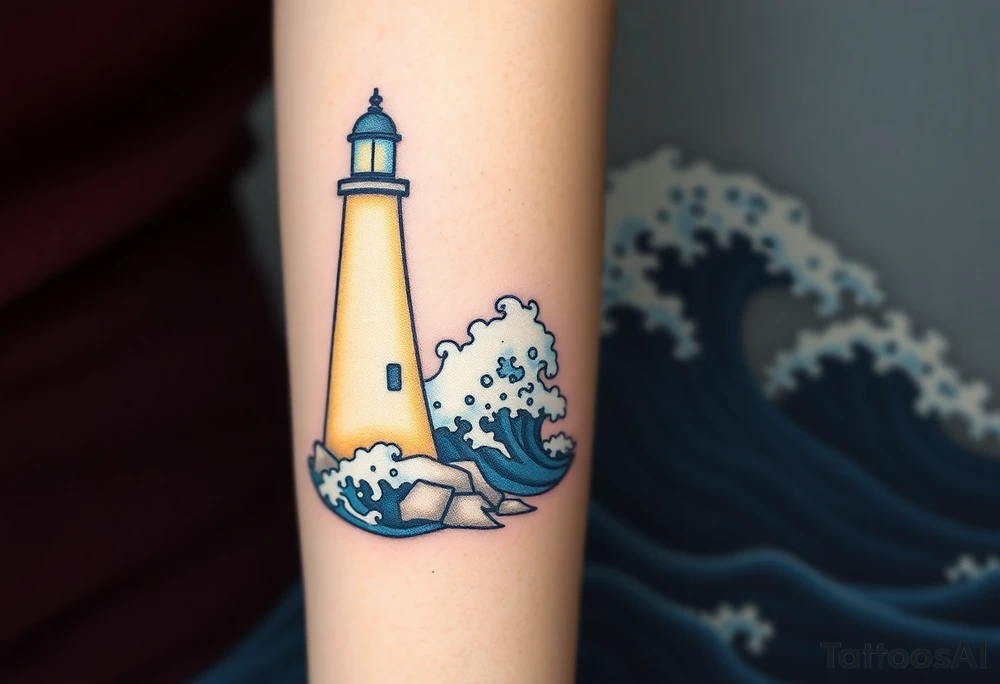 A calm, glowing lighthouse in soft whites and yellows, lighting up the dark ocean waves, contrasted against a violent, stormy sea, swirling with dark, foamy waves in black and dark blue, symbolizing safety and destruction in a single moment tattoo idea