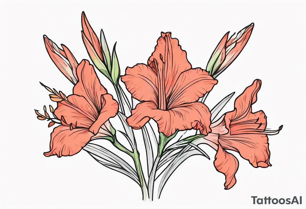 a thin narrow coral-colored gladiolus tattoo idea
