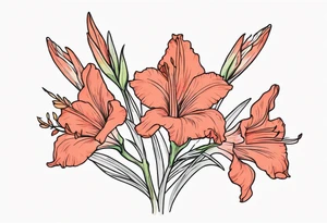 a thin narrow coral-colored gladiolus tattoo idea