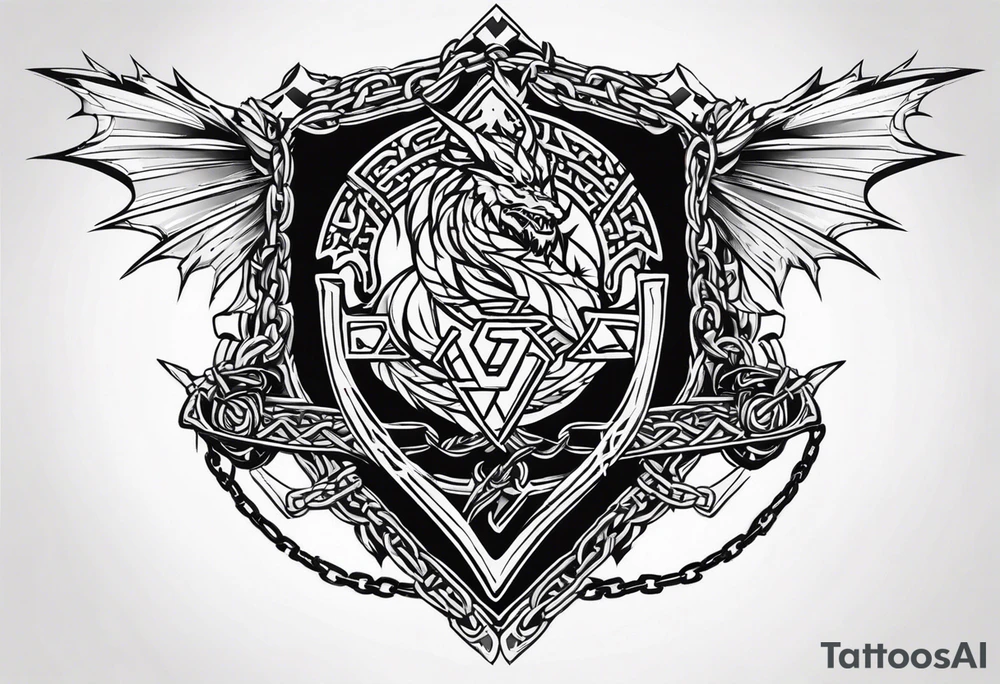 Valhalla sword shield dragon axe Valknut barbed wire chains tribal tattoo idea Valhalla sword shield dragon axe Valknut barbed wire chains tribal tattoo idea