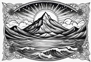 Mandala inspired Sunrise in Front of a night Sky. Mountain rage and sea Waves tattoo idea