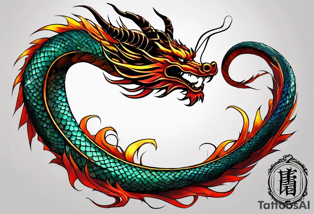 An epic floating asian dragon. Its long body coiling dynamically, with scales and horns detailed to create a sense of movement and strength. The dragon's color is giving a vibrant depth and a mystical aura. This tattoo highlights the dragon’s fierce expression and sharp claws. tattoo idea