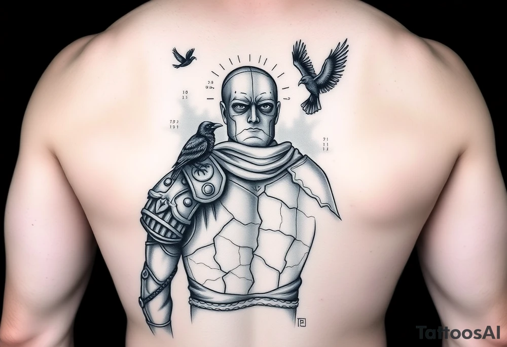 A black and grey tattoo sleeve design symbolizing silent battles and resilience. A worn gladiator with cracks in his armor stands tall, battle-weary but unbroken. Behind him, a shadowy figure represents the unseen struggles, partially obscured in mist. A single raven sits on his shoulder, symbolizing past darkness, while a faint dove soars above, representing faith and favor. Subtle tally marks blend into the background, representing victories no one sees. The design flows naturally with a balance of dark and light elements, blending realism with a slightly surreal feel. tattoo idea