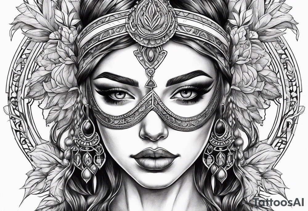 Blind folded goddess with libra and dagger tattoo idea