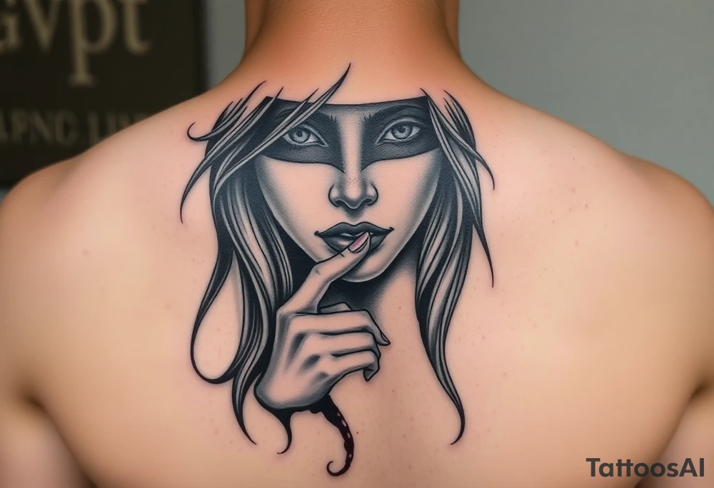 Women that has big eyes but her eyes are not there cause she is blind with a nose and long long hair that is flowing down her chest and back her index finger to her mouth and her ears both are bleeding tattoo idea