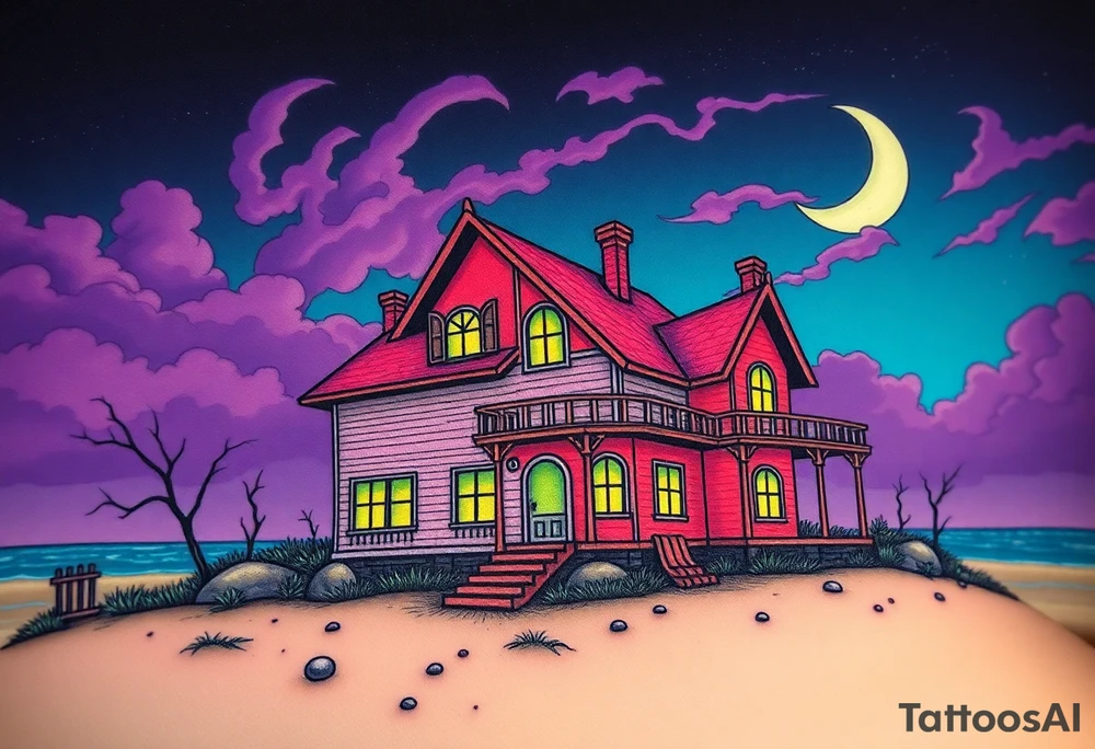 Tim Burton’s haunted pastel beach home is abandoned and dripping with muted reds, dusty pinks, and eerie green glow.purple and cyan smokey clouds swirl in the crescent moonlit sky thats sprinkled with stars tattoo idea tattoo idea