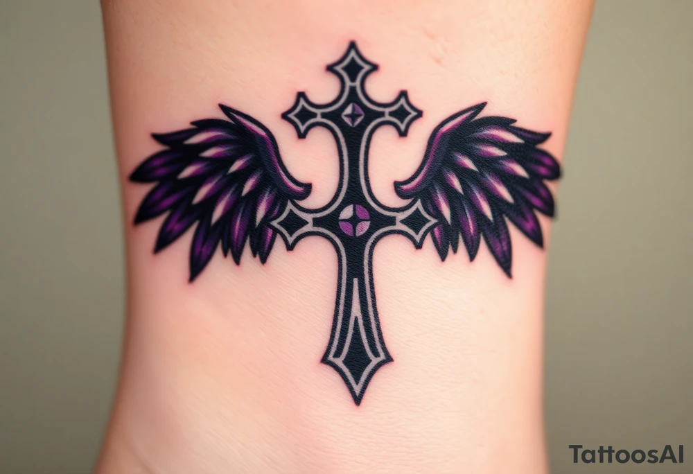 A Viking-style iron cross, with raven wings in black and deep purple tattoo idea
