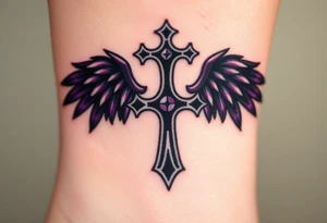 A Viking-style iron cross, with raven wings in black and deep purple tattoo idea