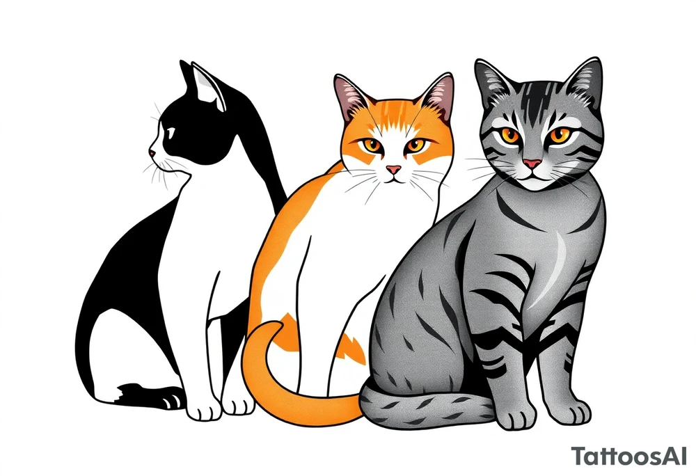 three cats, one black and white cat, one orange and white cat and one grey tabby cat tattoo idea