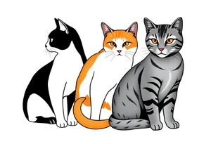 three cats, one black and white cat, one orange and white cat and one grey tabby cat tattoo idea