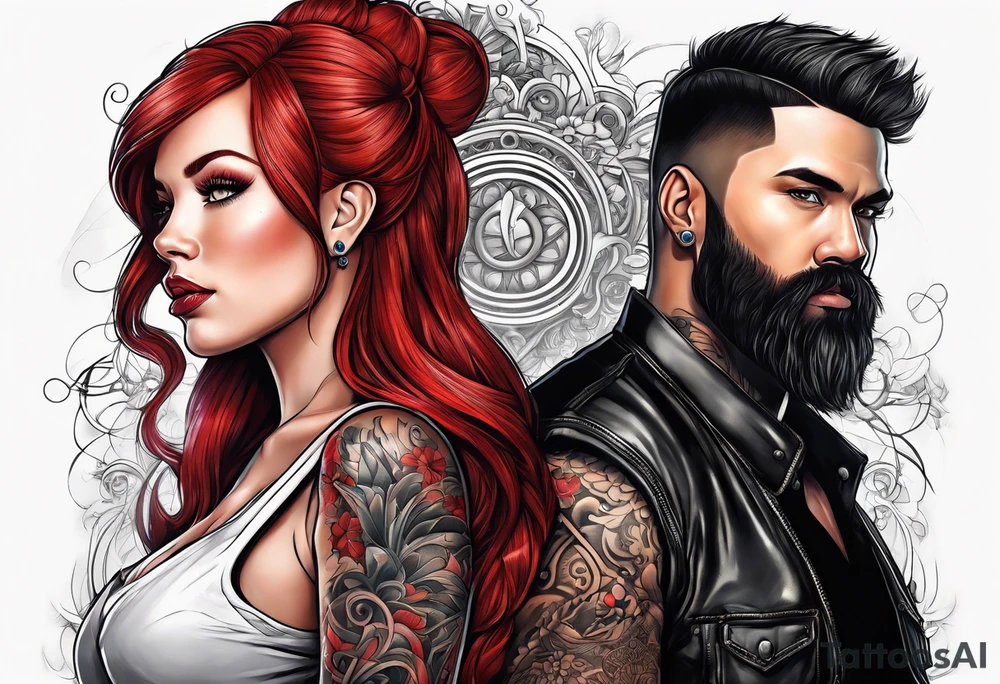 Busty red haired woman with a bearded man who has black hair tattoo idea