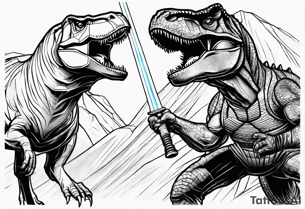 Luke Skywalker and a T-Rex fighting each other with lightsabers tattoo idea