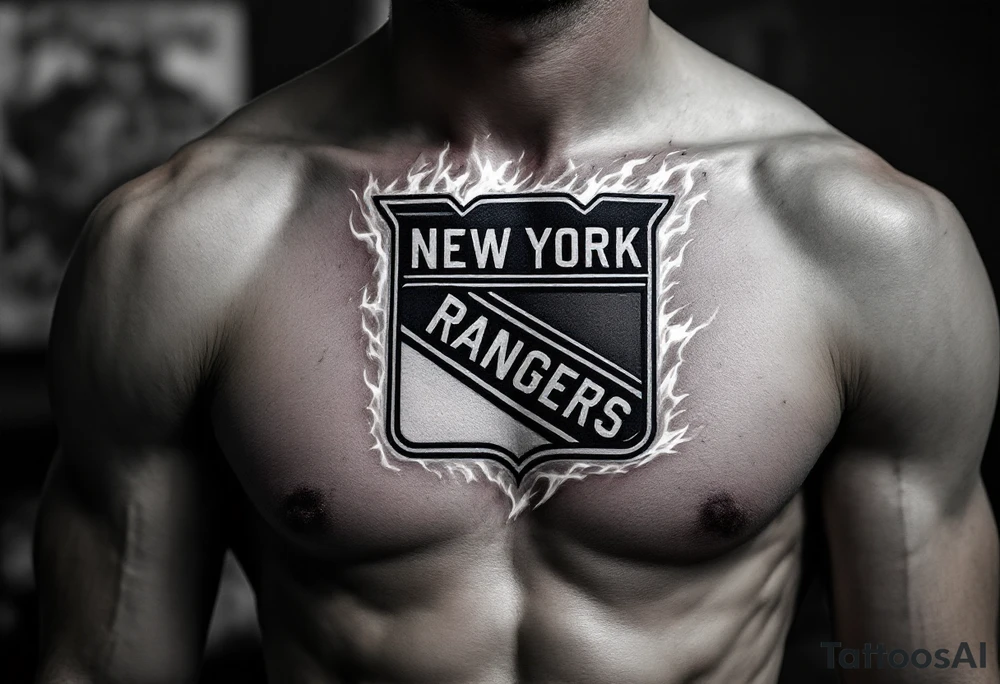 Chest tattoo: A burning New York Rangers logo tattoo idea