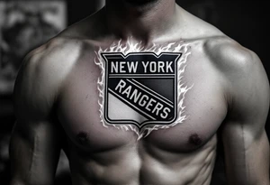 Chest tattoo: A burning New York Rangers logo tattoo idea