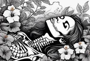 a  female skeleton of bones laying in a bed surrounded by hibiscus flower. tattoo idea